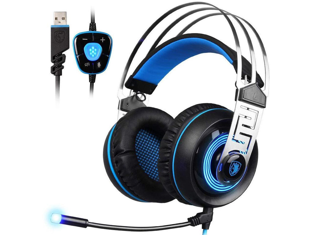 CHUSHENG USB 7.1 Stereo Gaming Headset, Head-Mounted Wired Earphones with Microphone, Wire-Controlled Volume, Metal Head Beam Frame is Light and Durable, Adaptable to Different Head Types